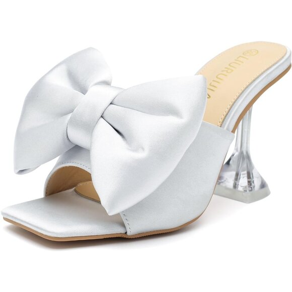 Shoes - Women's Bow High Heels Mules Dress Sandals Slip On Party Wedding Bridal Silver